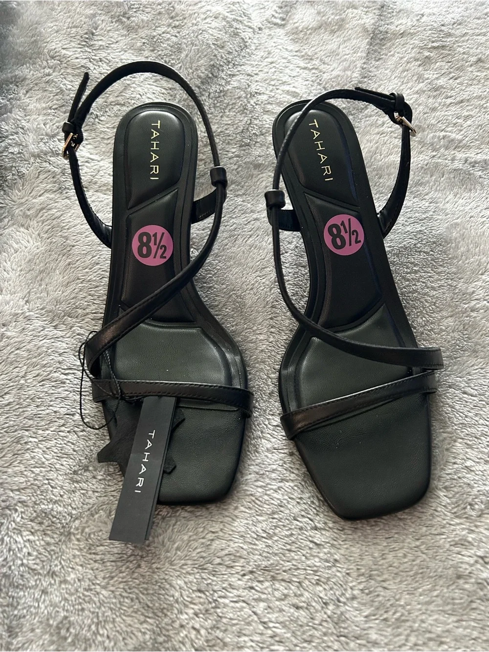 Tahari Black Leather Strappy Square-Toe Heeled Sandals